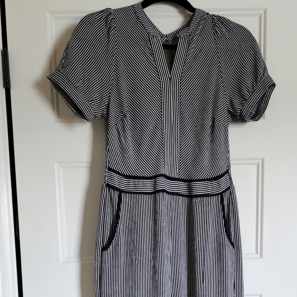 Monteau JUMPSUIT, Sz M, blue white pin stripe, flare bottom, pockets